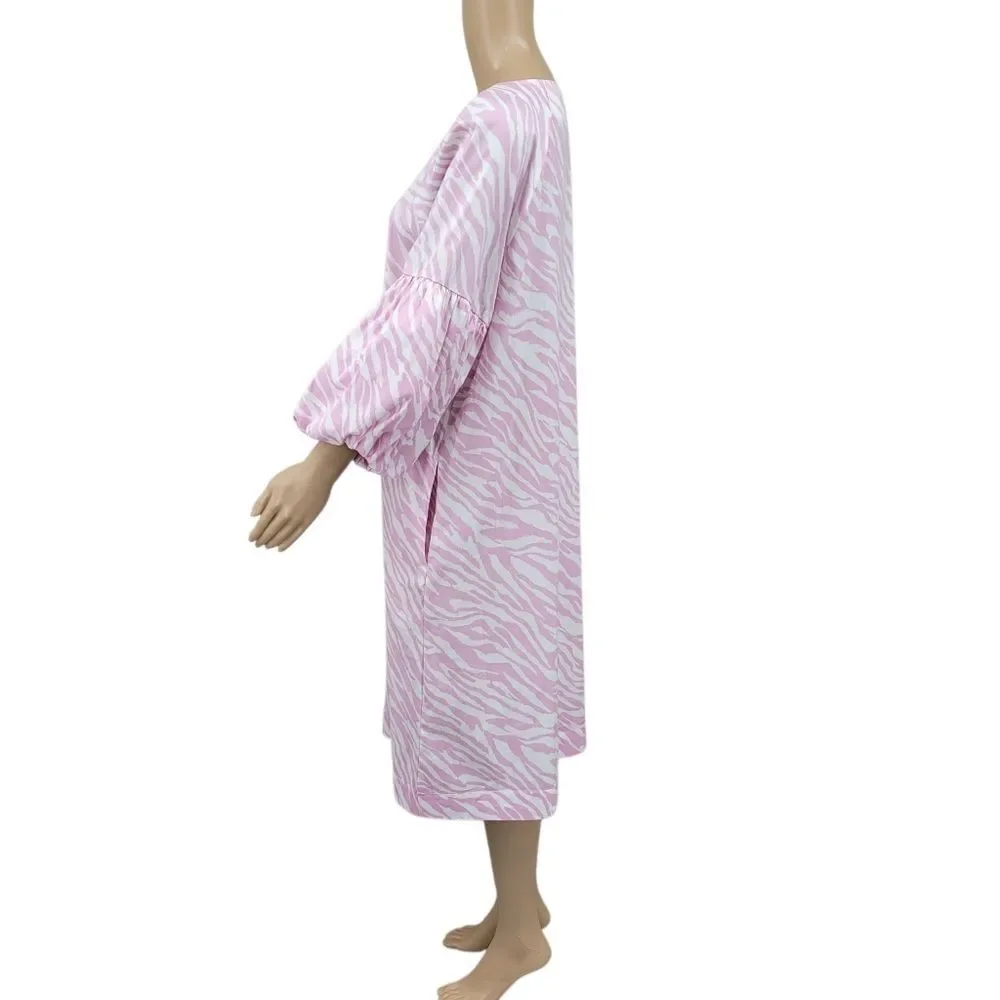 Chico's Dress Pink Zebra Print Ballon Sleeve Midi Dress Poplin Stretch NEW - Picture 3 of 16